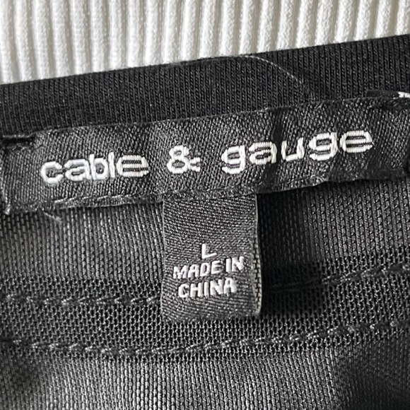 Cable and Gauge Cold Shoulder 3/4 Length Sleeve Top Mesh Neckline Black - Picture 11 of 14